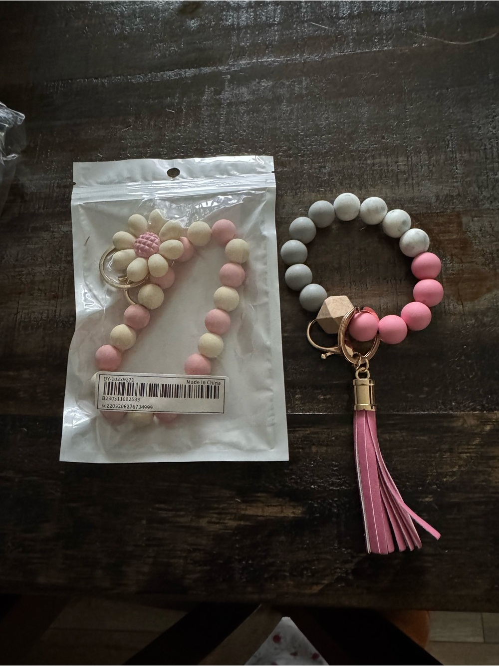 Pink and Gray Beaded Keychain Bracelet with Tassel